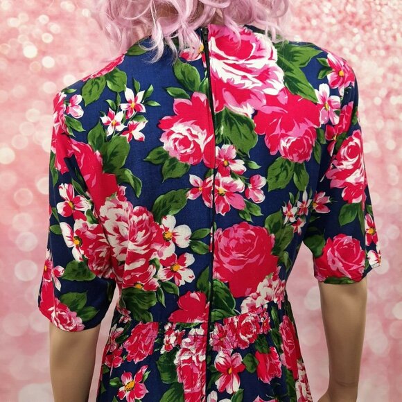 Vintage 80s Floral Rose Dress Size M With Pockets Caroline Wells Pink Blue Midi - Picture 10 of 12